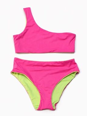Hot Pink & Lime Green Reversible One Shoulder Bikini – Large Like New